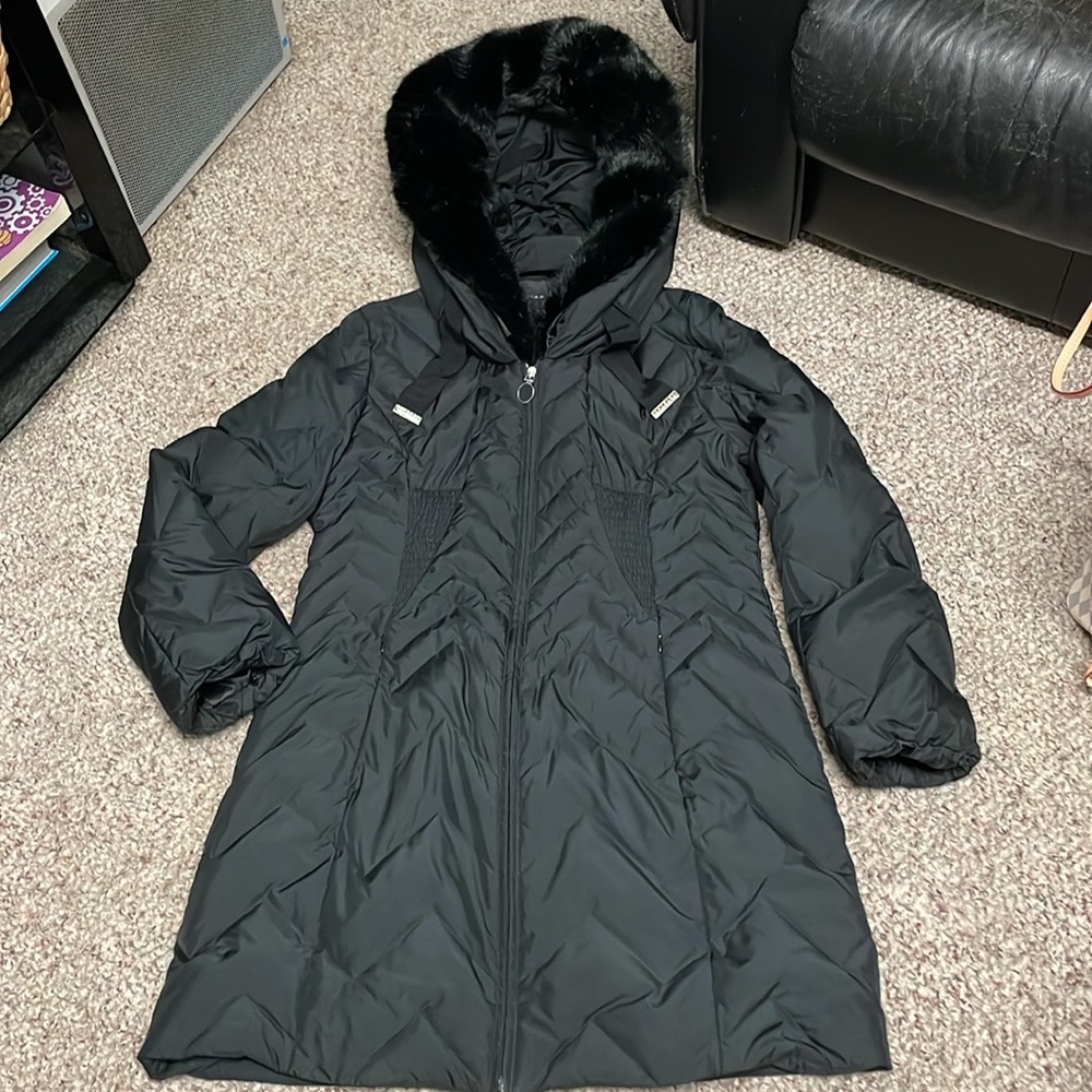 Tahari down filled long puffer coat with fur trimmed hood